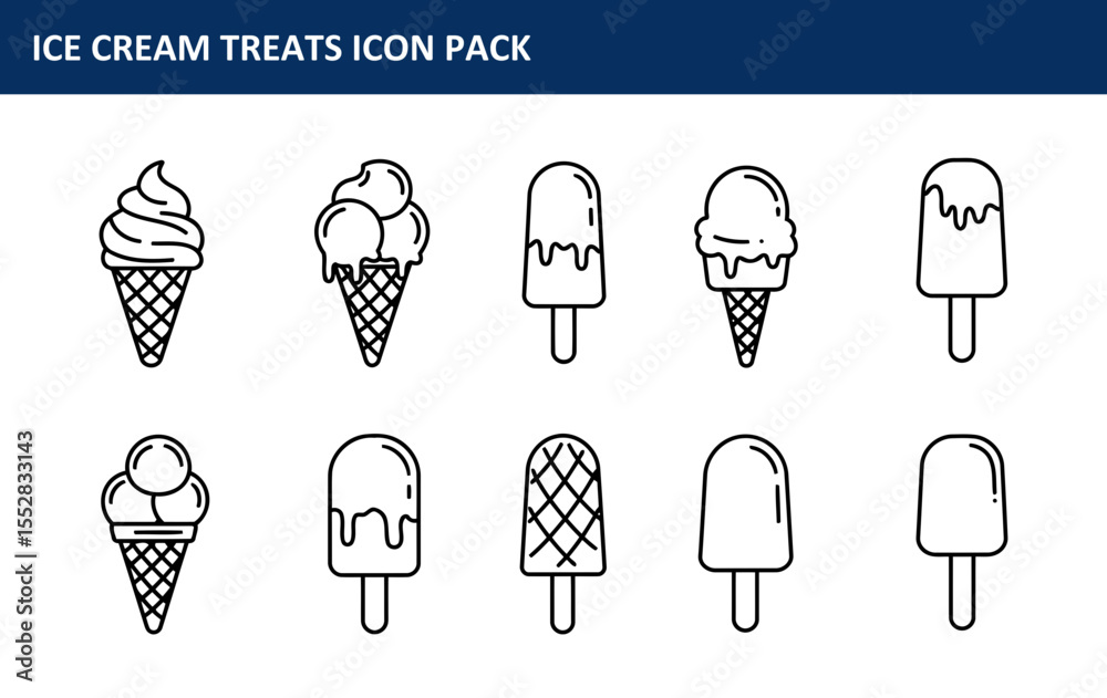 Ice cream treats icon set displayed in a simple, flat style, showing various types of ice cream in cones and on sticks. Outline illustrations of ice cream in various shapes and forms.