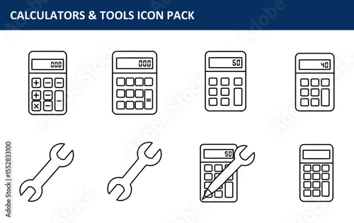 Calculator and wrench icons in a simple line art style are presented in a set of vector graphic icons, suitable for web design and app interface elements, emphasizing clean lines and clarity.