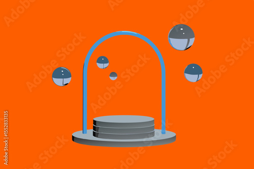 3D Abstract Shape Composition with blue glass and floating spheres