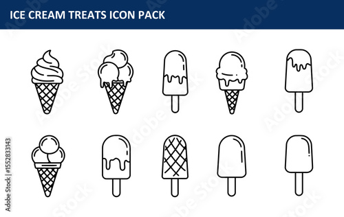 Ice cream treats icon set displayed in a simple, flat style, showing various types of ice cream in cones and on sticks. Outline illustrations of ice cream in various shapes and forms.