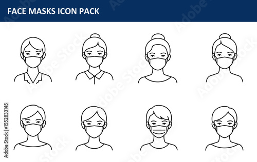 Female figures in various hairstyles wearing face masks in a simple, outline style. Diverse female demographics wearing masks in a neutral setting.
