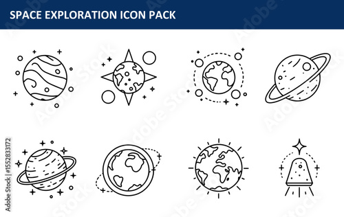 Space exploration icon pack depicting various celestial bodies in orbiting patterns. Collection of graphic elements representing planets, moons, and spacecraft in a universal setting.