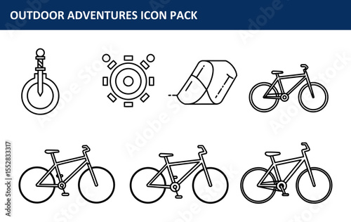 The outdoor adventures icon pack features various outdoor recreation equipment in a set of simple, black and white line art icons, suitable for websites and design projects.