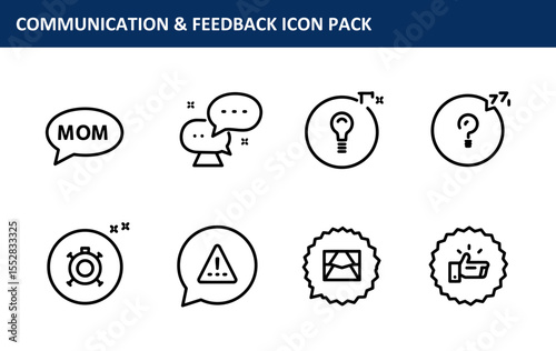 The Communication & Feedback Icon Pack provides a collection of simple, bold black line icons depicting concepts of communication and feedback, ideal for use in websites and marketing materials.