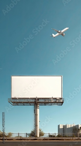 A large blank billboard stands beside a highway under a clear blue sky, with a passenger plane flying overhead