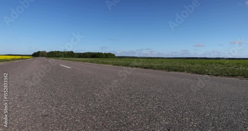 an asphalt road in a field in the spring , green grass and yellow flowering rapeseed growing along the highway