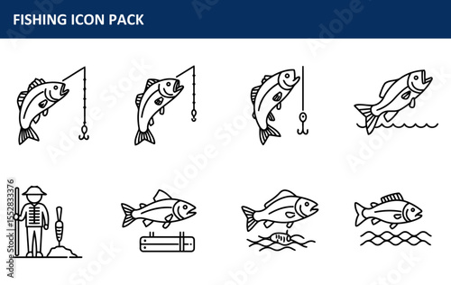 Fishing icon pack depicting various fishing scenes with a fisherman in a simple, line-art style. Different stages of fishing action with a variety of fish in the water.