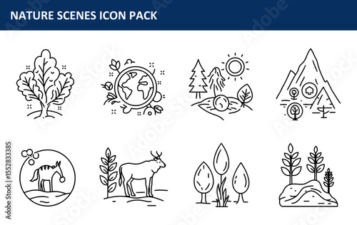 Nature scenes icon pack showcasing diverse landscapes, featuring a tree, earth, animals, mountains, sun, and vegetation.