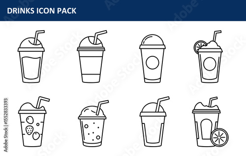 Drinks icon pack depicting various beverage options in takeaway cups with straws. Simple line art illustration showcasing different drinks in a neutral background.