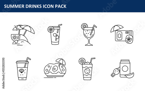 The summer drinks icon pack showcasing various beverages with beach/vacation elements is illustrated in a set of simple line art icons of cocktails, juices, and canned beverages.