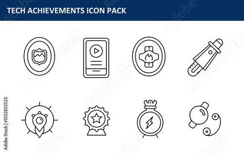 Set of tech achievements icons in a modern design. Outline icons showcasing various accomplishments in a clean, minimalist style.
