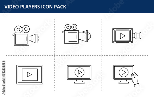 The Video Players Icon Pack with simple line art illustrations of various video players in a grid format is depicted in a set of simple, minimalist line art icons for website design.