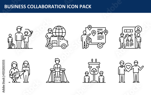 Business collaboration icons depicting diverse professionals in various settings. Diverse business professionals interacting in diverse work environments.