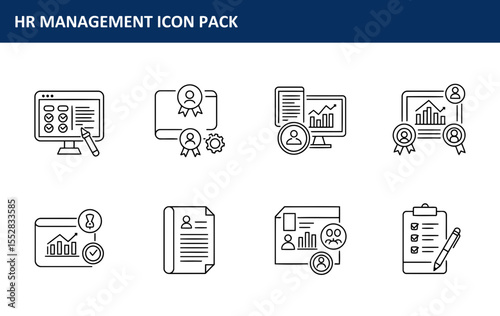 The HR management icon pack showing various aspects of employee management is displayed in a collection of simple, black line icons, perfect for websites and presentations on HR.