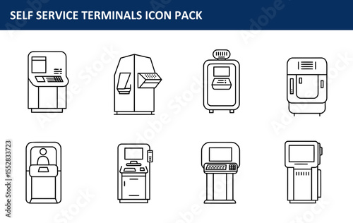Self service terminals in various configurations. Simple line illustrations of different self service kiosks in a neutral, white background.