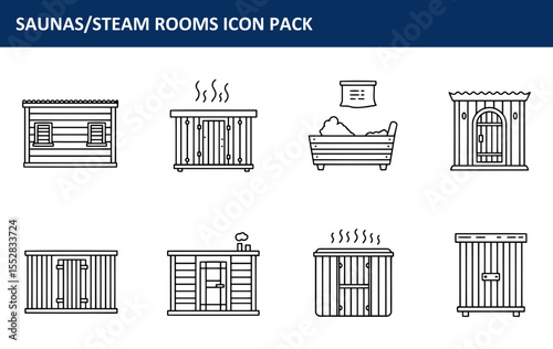 The saunas/steam rooms icon pack of various styles in outline design is represented in a collection of black and white line art icons, showcasing diverse and modern designs for wellness.
