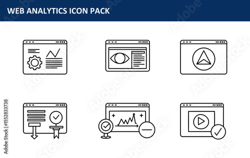 Web Analytics Icon Pack. Simple, modern line illustrations of web analytics tools displayed in various web browser windows.