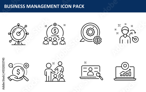 Business management icons in a simplified, linear style. Collection of diverse icons for a modern business strategy.