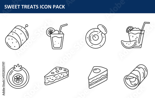 Sweet treats icon pack featuring various desserts and drinks. Simple line illustrations for a variety of sweet treats, including cakes, smoothies, and wraps, set against a white background.