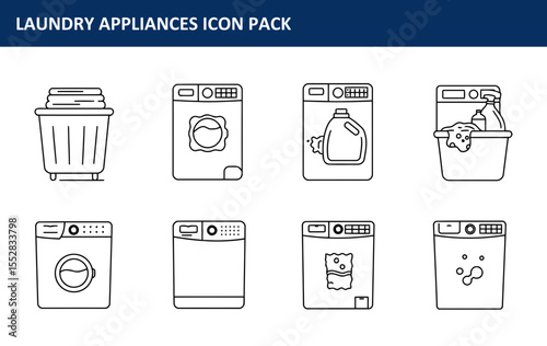 Laundry appliances icon pack depicting various machines and a laundry basket. Icons showcase different functionalities like washing, drying, and detergent use.