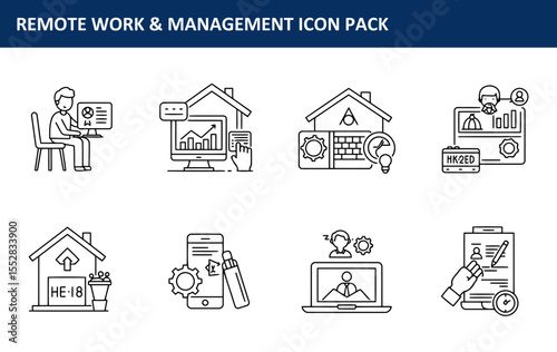 Remote work management icons featuring various tasks and tools. Diverse employees working from home or in a remote setting.