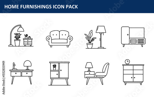 The Home Furnishings Icon Pack featuring various pieces of furniture in a modern, minimalist style is displayed in a set of stylish line art icons ideal for advertising or editorial design.