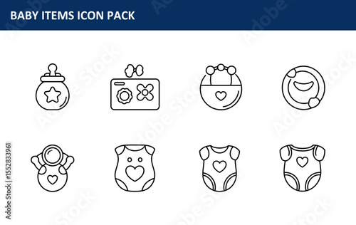 Baby items icon pack showcasing various essentials for infant care. Simple line art design presents a collection of baby items like pacifiers, bibs, onesies, and feeding bottles in a minimalist style.