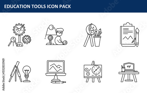 Education tools icon pack with various learning objects in a classroom or office setting. Diverse illustrations of teaching materials in a digital format.