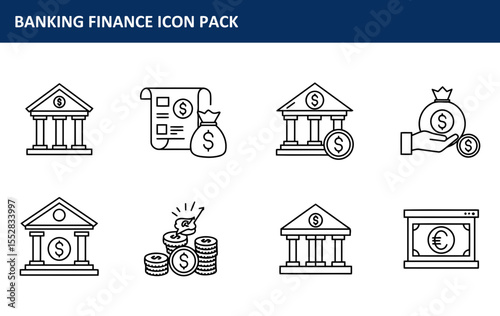 The banking finance icon pack depicting various financial symbols in a professional setting is presented in a set of simple, clean line illustrations of banking and finance concepts.