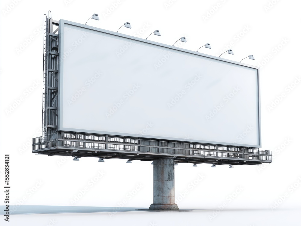 Obraz premium A large, blank billboard with a metallic frame and support structure stands on a weathered concrete post against a white background, ready for advertisement