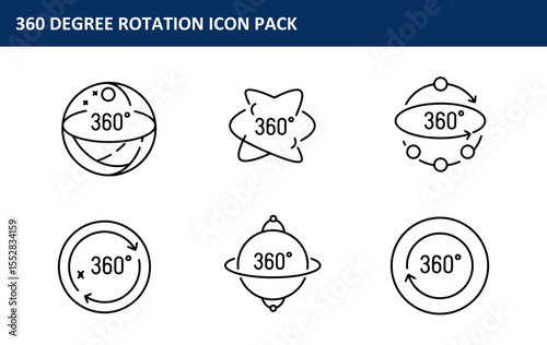The 360 Degree Rotation Icons set illustrates the 360-degree rotations of various geometric shapes in simple, bold black line icons, useful for technology and design applications.