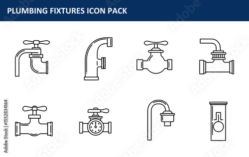 Plumbing fixtures icon pack showing various types of taps and pipes in a professional design. Simple, black-and-white line drawings of plumbing fixtures in a variety of configurations.