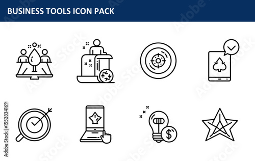 Business tools icon pack featuring various business elements in a modern, minimalist style. Collection of icons depicting collaboration, marketing, productivity, and financial elements.