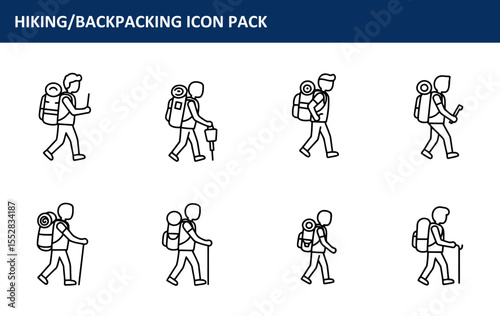 Hiking/Backpacking icons featuring various hikers in motion with backpacks and walking poles. Active outdoorsmen in casual clothing, engaged in hiking/backpacking activity on a trail.