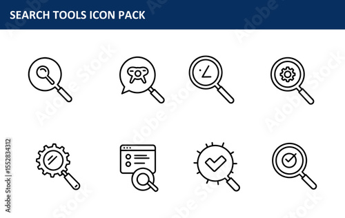 The Search Tools Icon Pack depicting various search functions in a modern, minimalist style is displayed in a set of simple, clean vector icons for digital marketing and software design.