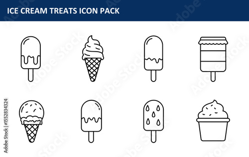 Ice cream treats icon set featuring various styles of frozen desserts. Simple line art illustration with melting ice cream, ice cream cones, popsicles, and a dessert cup.