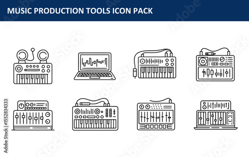 Music production tools icon pack showcasing various electronic instruments and software for music creation. Simple line art illustrations of keyboards, laptops, and audio equipment.