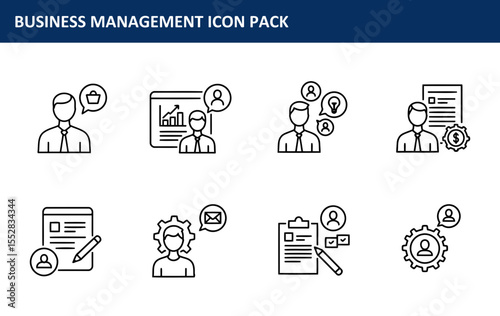 Business management icons depicting various tasks and processes for a professional workplace. Simple, linear illustrations of business people interacting and completing tasks.