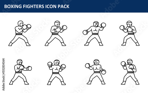 Male boxing figures in various fighting stances in boxing attire. Active boxing poses against a plain white background.