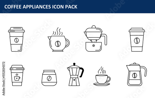 Coffee appliances icon pack with various coffee brewing methods displayed. Modern line illustrations showcasing coffee cups, pots, and other equipment.