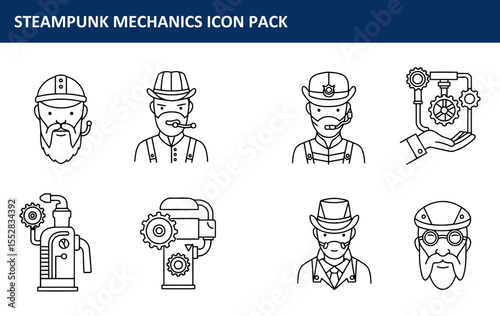 Steampunk mechanics icon set featuring male figures in various poses and settings. Male figures in steampunk attire, with industrial machinery and gears.