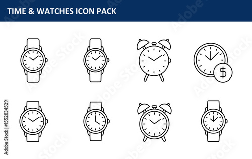 The Time and Watches Icon Pack presents simple line art icons of wristwatches, alarm clocks, and a creative time and money icon, all suitable for advertising and educational materials.
