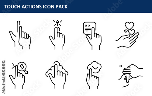 Touch actions icon pack showing various hand gestures. User interface touch actions for mobile apps. Digital interface design concepts -