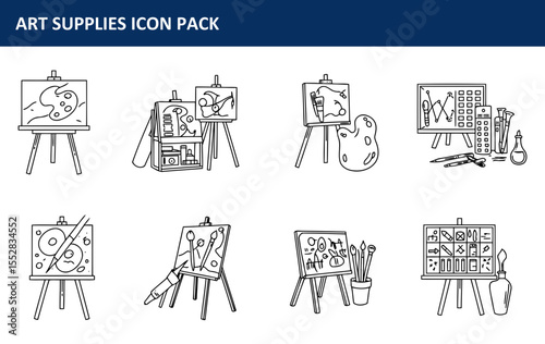 Art supplies icon pack depicting various art tools and equipment. Collection of diverse art materials in a studio setting.