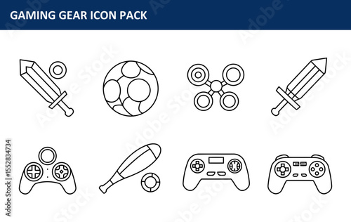 The gaming gear icon pack showcasing various items in a simple, outline style is displayed in a set of outline illustrations for use in advertising or editorial content.