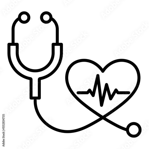 Stethoscope and heart with waveform icon. Symbolizes heart health, physical exams, diagnostics, and cardiovascular care.