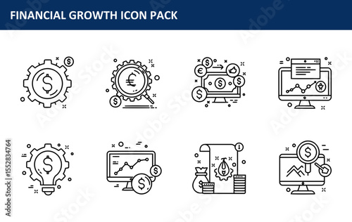 The financial growth icon pack featuring various line art illustrations is presented in a collection of simple, minimalist icons, suitable for use in presentations and marketing materials.