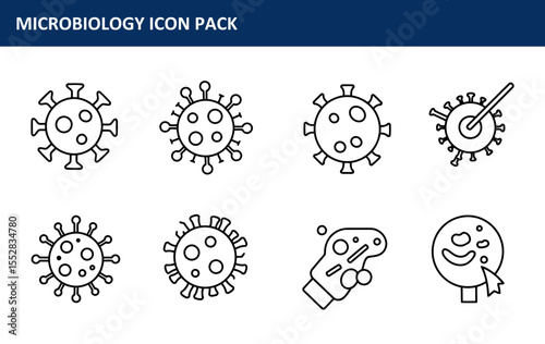 Microbiology icon pack showing various viruses and biological processes. Collection of scientific diagrams for educational or informational use.