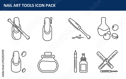 The nail art tools icon pack displaying various instruments in a professional salon setting is showcased in a set of simple line art icons, offering a clean and modern aesthetic for beauty.
