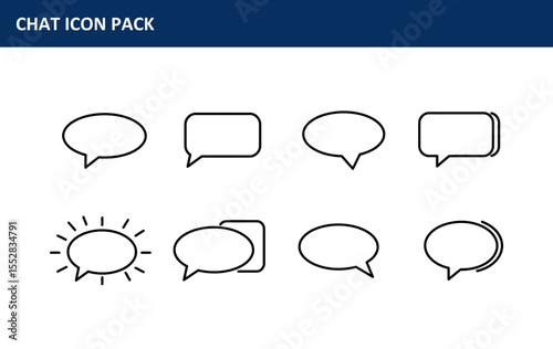 Chat icon pack displaying various speech bubbles in different styles. Simple line art illustrations of communication symbols.